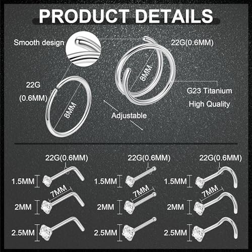 22G 18Pcs G23 Titanium Nose Rings Hoops for Sensitive Skin Double Nose Rings L Shaped Nose Studs Hypoallergenic Nose Piercings Jewelry - color: Silver