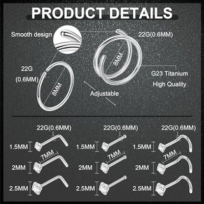 22G 18Pcs G23 Titanium Nose Rings Hoops for Sensitive Skin Double Nose Rings L Shaped Nose Studs Hypoallergenic Nose Piercings Jewelry - color: Silver