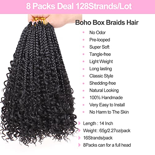 Unionbeauty 8 Packs Boho Box Braids Crochet Hair 14 Inch Messy Goddess Box Braids Crochet Hair Curly Ends Pre-looped Individual Synthetic Braiding Hair Bob Bohemian Hippie Braids for Black Woman 1B# - color: 1B#, size: 14 Inch (Pack of 8)