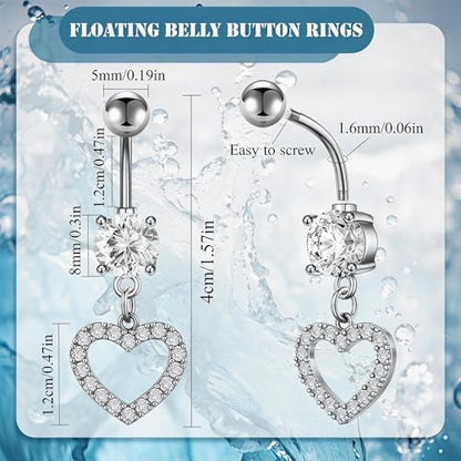 MEDOJO 7Pcs Belly Button Ring Pink Surgical Stainless Steel Belly Ring Bow Butterfly Heart Flower Navel Ring Belly Piercing for Women - color: Silver