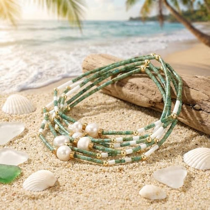 Colorful Stackable Rice Small Mini Seed Beaded Bracelets Set For Women, Handmade Dainty Boho Gold Glass Stretch Accessories Jewelry,Summer Beach Party Daily Friendship Gift - color: Green Pearl