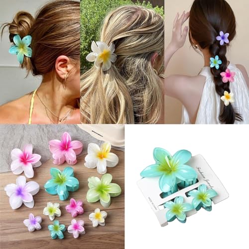 Flower Hair Clips for Women Girls Claw Clips Summer Fashion Hair Accessories with Green Gradient Cute Plumeria Design Barrettes Hold Hair in Place for Thick Thin Hair(3Pcs: 1 large 2 small) - color: Green