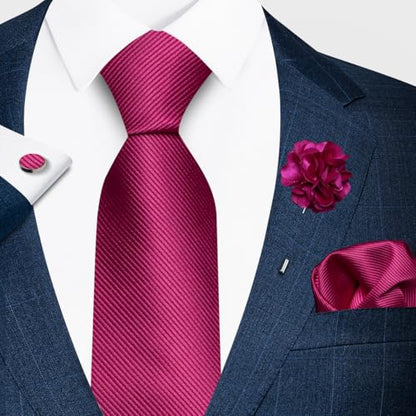 joy alice 30 Colors Solid Ties for Man Pure Color Men's Tie Set with Lapel Pin Pocket Square Tie Clip - color: Fuchsia Pink