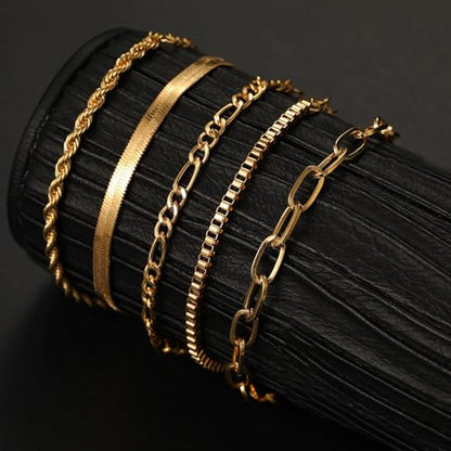 Women's Bracelet Set, 5PCS Gold Plated Stackable Bracelets - Thin Chain, Cuban Link, Paperclip Styles, Dainty Fashion Jewelry Gift for Women