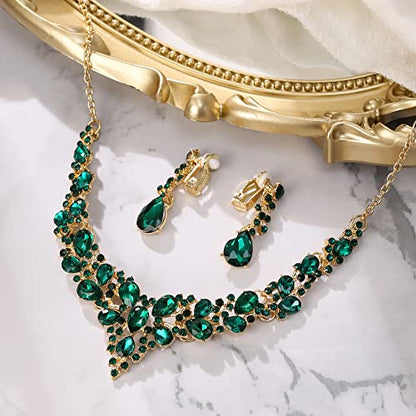 Wedding Statement Necklace Clip-on Earrings Jewelry Set | Sparkling Austrian Crystal Teardrop Cluster for Party Prom Accessories - color: 14-Emerald Color Gold-Tone
