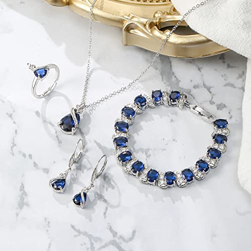 Jewelry Set for Bride, Sparkling Water Drop Cubic Zirconia Crystal Pendant Necklace Leverback Earrings Tennis Bracelet Adjustable Ring Gift for Wedding/Birthday/Mother's Day/Christmas - color: 01-Sapphire Color Silver-Tone