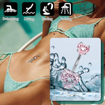 MEDOJO 7Pcs Belly Button Ring Pink Surgical Stainless Steel Belly Ring Bow Butterfly Heart Flower Navel Ring Belly Piercing for Women - color: Pink