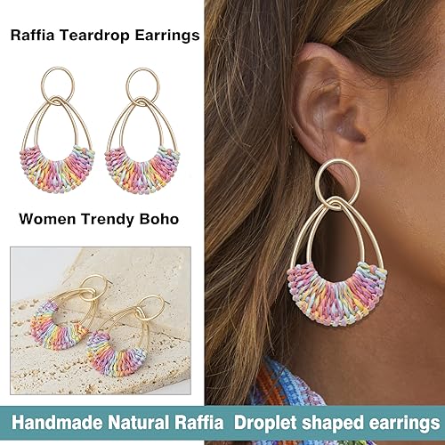Raffia Hoop Earrings for Women Fun Boho Summer Beach Earrings Lightweight Handmade Straw Wicker Rattan Dangle Earrings Statement Geometric Round Drop Earrings - color: Colorful - Teardrop