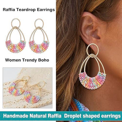 Raffia Hoop Earrings for Women Fun Boho Summer Beach Earrings Lightweight Handmade Straw Wicker Rattan Dangle Earrings Statement Geometric Round Drop Earrings - color: Colorful - Teardrop