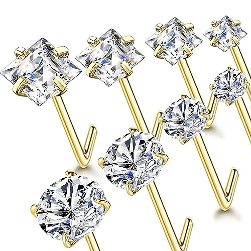 14k Gold Plated 316L Surgical Steel 22g/20g/18g Nose Rings Studs L-Shape Bone Screw Nostril Piercing 1.5mm 2mm 2.5mm 3mm 3.5mm 4.5mm CZ Nose Studs for Women - color: 18g 8pcs L Gold 316L Surgical Steel