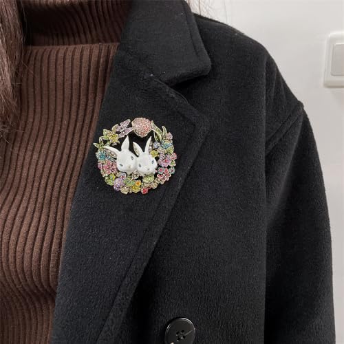 Vintage Rabbit Rhinestone Wreath Brooch Lapel Pins for Women Girls Fashion Crystal Bunny Animal Bff Brooches Pin Dainty Cute Easter Day Party Friendship Clothes Accessory Jewelry Christmas Birthday