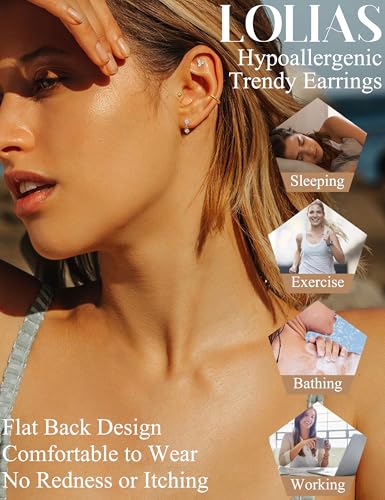 LOLIAS 18K Gold Plated Threadless Flat Back Earrings Studs Hypoallergenic | 316L Surgical Steel Push in Nose Rings Studs 20G CZ Tragus Cartilage Helix Conch Lip Labret Medusa Nostril Piercing Jewelry - color: 18K Gold Plated, size: 20G(0.8mm)-Flower&Ball&