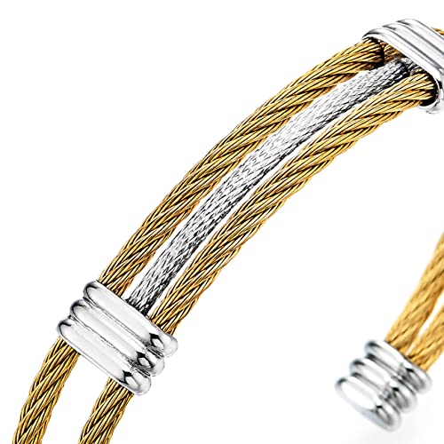 COOLSTEELANDBEYOND Men Women Stainless Steel Twisted Cable Adjustable Cuff Bangle Bracelet - color: K-Metal Color: Gold & Silver
