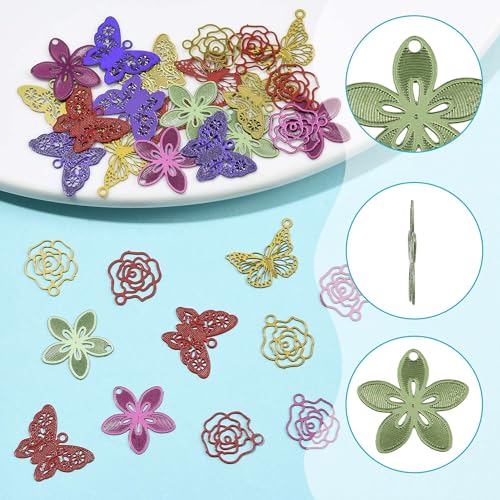 8-64Pcs Silver Goldern Color Heart Pendants Charms 10 Styles Heart Stainless Steel Metal Charms for Jewelry Making Crafting Necklaces Bracelets Earrings Keychains Birthday Gift - color: Hollow Butterfly Flower-40 pcs