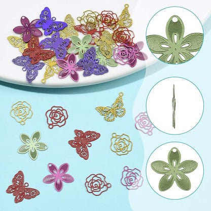 8-64Pcs Silver Goldern Color Heart Pendants Charms 10 Styles Heart Stainless Steel Metal Charms for Jewelry Making Crafting Necklaces Bracelets Earrings Keychains Birthday Gift - color: Hollow Butterfly Flower-40 pcs