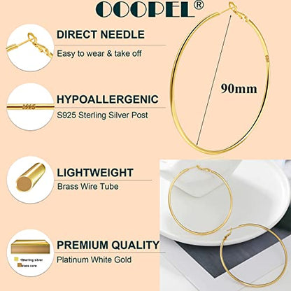 2mm Sterling Silver Big Hoop Earrings For Women - Large Hypoallergenic Circle Endless Thin Oversize Silver Hoops - color: Gold,90mm hoops