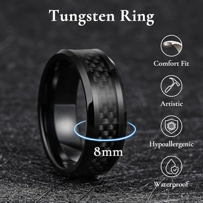 King Will 8mm Mens Tungsten Wedding Rings Carbon Fiber Plaid Inlaid Polished - color: Black-Grey Fiber, size: 12