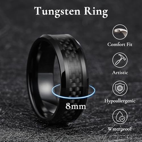 King Will 8mm Mens Tungsten Wedding Rings Carbon Fiber Plaid Inlaid Polished - color: Black-Grey Fiber, size: 8.5