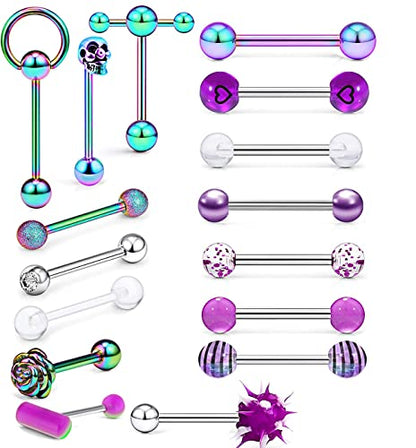 14G Surgical Steel Tongue Rings for Women Men Acrylic Clear Tongue Piercing Jewelry Teaser Slave Ring Skull/Flower/Silicone Soft Spike Ball/CZ/Door Knocker/Pill Tongue Barbell Bars 5/8inch - color: 16pcs mix
