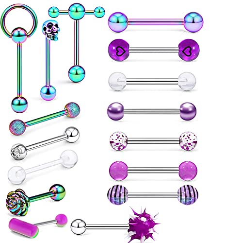 14G Surgical Steel Tongue Rings for Women Men Acrylic Clear Tongue Piercing Jewelry Teaser Slave Ring Skull/Flower/Silicone Soft Spike Ball/CZ/Door Knocker/Pill Tongue Barbell Bars 5/8inch - color: 16pcs mix
