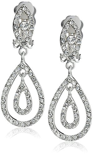 Silver Crystal Rhinestone Two Layer Teardrop Pear Shaped Dangle Clip Earrings Tipped with Eye Shape