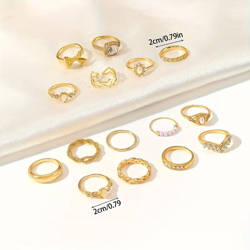 Chunky Gold Rings for Women Non Tarnish, Baroque Pearl Flower Tiger's Eye Stone Rings Adjustable Stacking Statement Rings Set Fashion Jewelry Gifts - style: Diamond/Gemstone/Pearl_Inlay