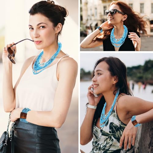 Shop LC Seed Bead Necklace Bracelet Set Boho Jewelry for Women | Multi Layered Boho, Wooden Clasp, 18 Inch Necklace, Stretchable Bracelet - color: Blue