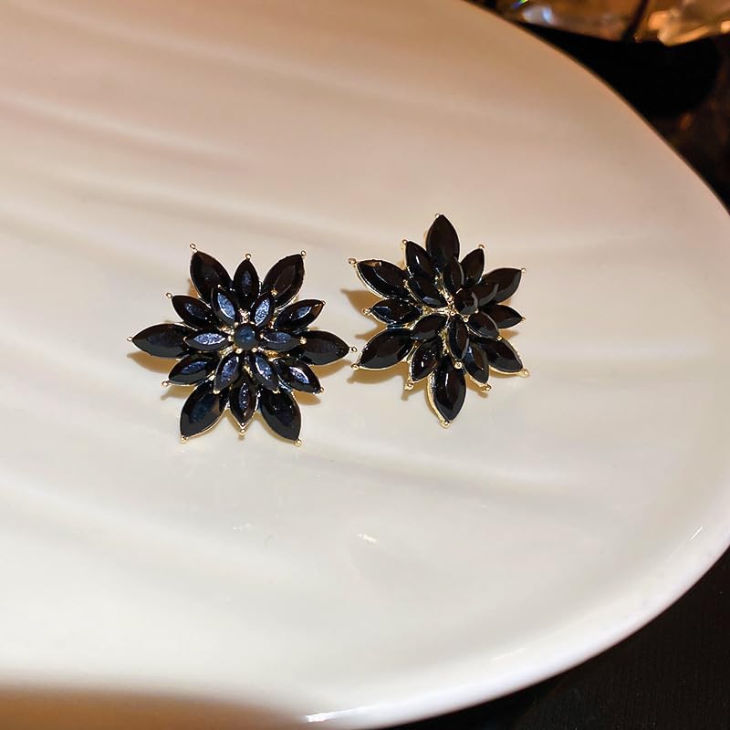 Crystal Flower Burst Stud Earrings Elegant Hypoallergenic Large Big Sparkly CZ Cubic Zirconia Rhinestone Earrings Bridal Wedding Party Prom Costume Jewelry for Women Birthstone Birthday Gift - color: Black