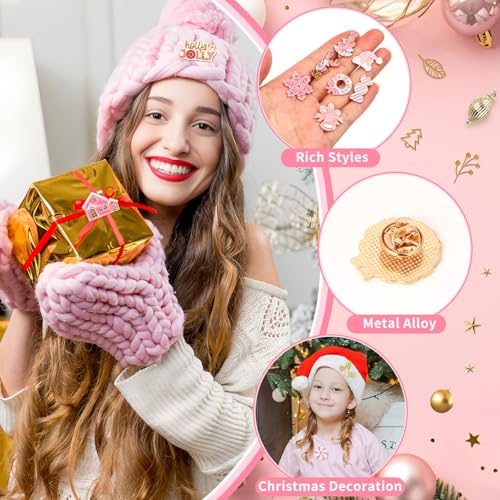 SANNIX 60Pcs Pink Christmas Pins, Christmas Lapel Pins for Party Favors, Xmas Brooch Pin Santa Claus Snowflake Badge for Holiday Gift Clothes Bags Hats Accessories, 30 Styles - style: Pink Christmas Pins