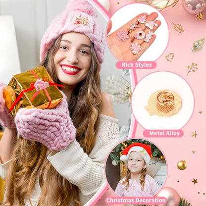 SANNIX 60Pcs Pink Christmas Pins, Christmas Lapel Pins for Party Favors, Xmas Brooch Pin Santa Claus Snowflake Badge for Holiday Gift Clothes Bags Hats Accessories, 30 Styles - style: Pink Christmas Pins