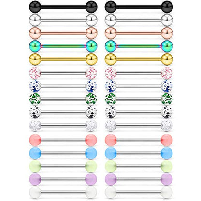 SCERRING 15 Pairs 16G 14G Stainless Steel Tongue Barbell Ring Nippleings Nipple Rings Shinny Acrylic Glow in Dark Balls Body Piercing Jewelry Retainer 14mm 16mm 19mm 22mm - style: 30PCS - 14G 22mm