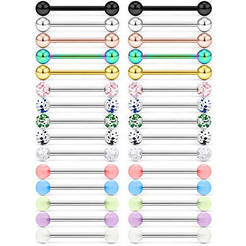 SCERRING 15 Pairs 16G 14G Stainless Steel Tongue Barbell Ring Nippleings Nipple Rings Shinny Acrylic Glow in Dark Balls Body Piercing Jewelry Retainer 14mm 16mm 19mm 22mm - style: 30PCS - 14G 14mm