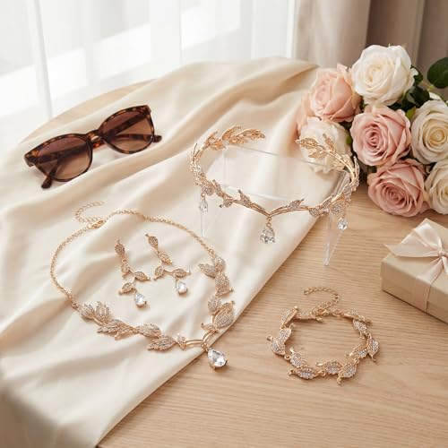Wedding Jewelry Set for Women, Rhinestone Leaf Tiara Headband Crown Necklace Earrings Bracelet for Women - color: Rose Gold
