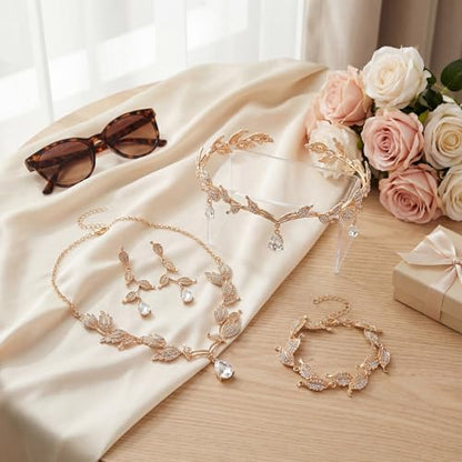 Wedding Jewelry Set for Women, Rhinestone Leaf Tiara Headband Crown Necklace Earrings Bracelet for Women - color: Rose Gold