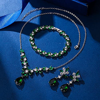 EleQueen Women's Wedding Bridal Jewelry Set for Brides Bridesmaids, Silver/14K Gold/Rose Gold Plated Cubic Zirconia Teardrop Necklace Dangle Earrings Bracelet Sets for Party Prom - color: 06-Emerald Color-Necklace+Earrings+Bracelet