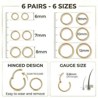 6Pairs Nose Rings Hoops - 316L Surgical Steel Hinged Nose Hoops 16G/18G/20G Clicker Septum Nose Ring Lip Helix Cartilage Hoop Earring Daith Rook Conch Body Piercing Jewelry for Women Men 6mm 7mm 8mm 9mm 10mm 12mm - color: Gold, size: 20 gauge(0.8mm)