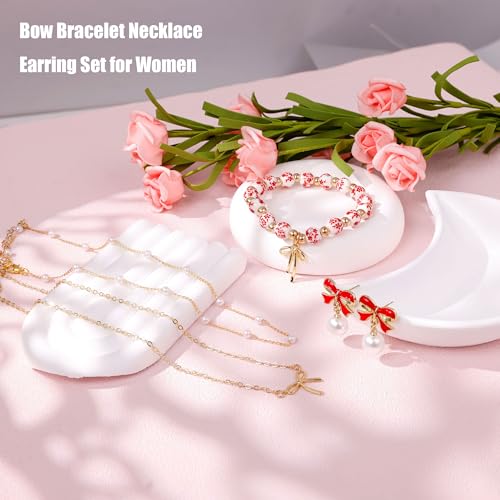 Bow Bracelet Necklace Earring Set for Women 14K Gold Plated Dainty Bow Necklace Flower Trendy Beaded Charm Bracelet Cute Pearl Drop Dangle Earrings Love Romantic Jewelry Gifts - color: red