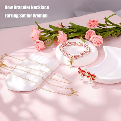 Bow Bracelet Necklace Earring Set for Women 14K Gold Plated Dainty Bow Necklace Flower Trendy Beaded Charm Bracelet Cute Pearl Drop Dangle Earrings Love Romantic Jewelry Gifts - color: red