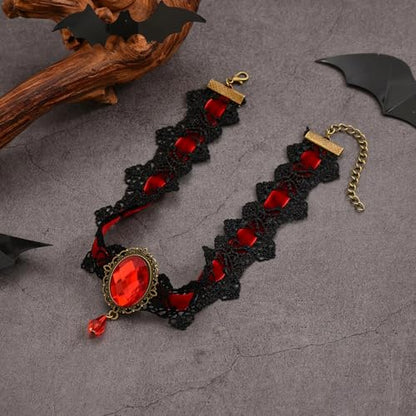 Qceasiy Gothic Black Necklace for Women, Adjustable Victorian Velvet Lace Collar, Halloween Party Cosplay Jewelry Gift - style: Red Gem Lace