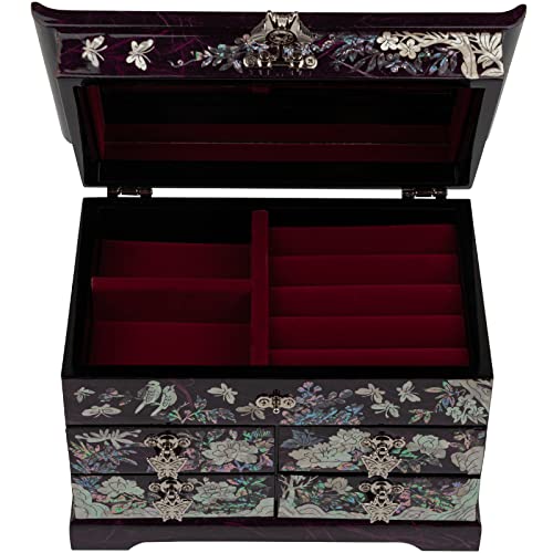 February Mountain Mother of Pearl Jewelry Box – Elegant Korean Jewelry Organizer with Velvet Lining, Unique Christmas Gift for Women, Mom, and Grandma, Decorative Keepsake Box for Rings and Treasures - style: Crane and Pine Tree - Purple