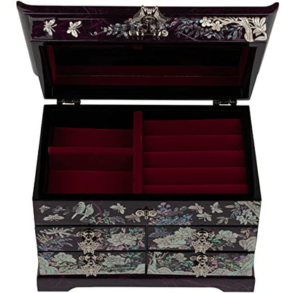 February Mountain Mother of Pearl Jewelry Box – Elegant Korean Jewelry Organizer with Velvet Lining, Unique Christmas Gift for Women, Mom, and Grandma, Decorative Keepsake Box for Rings and Treasures - style: Crane and Pine Tree - Purple