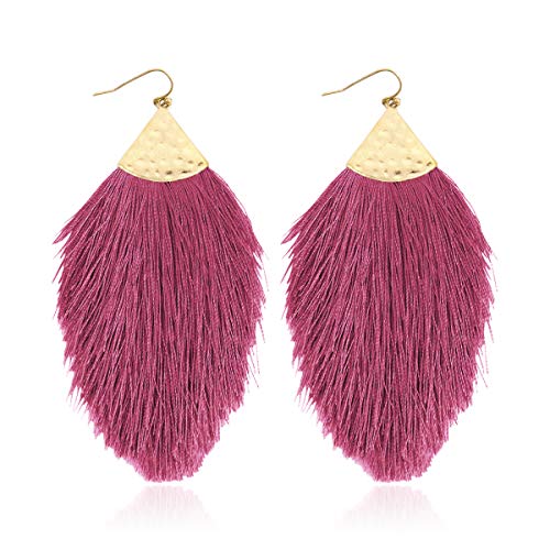 Bohemian Silky Thread Fan Fringe Tassel Statement Earrings - Lightweight Strand Feather Shape Dangles - color: Feather Fringe - Dusty Purple