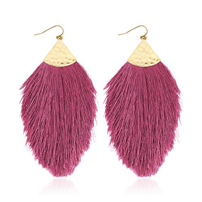 Bohemian Silky Thread Fan Fringe Tassel Statement Earrings - Lightweight Strand Feather Shape Dangles - color: Feather Fringe - Dusty Purple