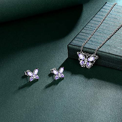 925 Sterling Silver Birthstone Butterfly Jewelry Women Crystal Animal Cute Butterflies Birthday Necklace/Earring/Ring/Bracelet Sets Birth Stone Statement Anniversary Jewellery - color: 1-F.June-Alexandrite