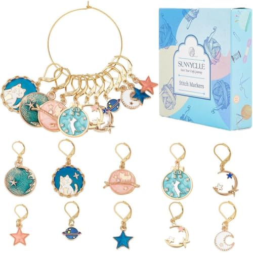 SUNNYCLUE 1 Box 20Pcs Stitch Markers Crochet Stitch Marker Cute Planet Moon Star Enamel Charms Clip On Removable Lobster Clasp Zipper Pull Charm Locking Knitting Markers for Weaving Sewing Quilting - color: 20pcs Planet Stitch Markers With Upgraded Gift B