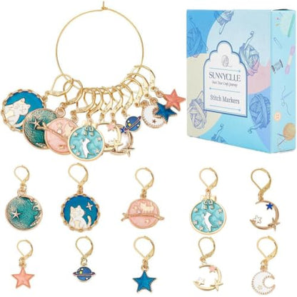 SUNNYCLUE 1 Box 20Pcs Stitch Markers Crochet Stitch Marker Cute Planet Moon Star Enamel Charms Clip On Removable Lobster Clasp Zipper Pull Charm Locking Knitting Markers for Weaving Sewing Quilting - color: 20pcs Planet Stitch Markers With Upgraded Gift B