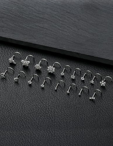 17Pcs Nose Rings Studs 20G Surgical Stainless Steel L Corkscrew Bone Shaped Nose Studs Butterfly Flower Heart Star Square Round CZ Nostril Piercing Jewelry for Women Silver Plated - style: B:Screw Shaped