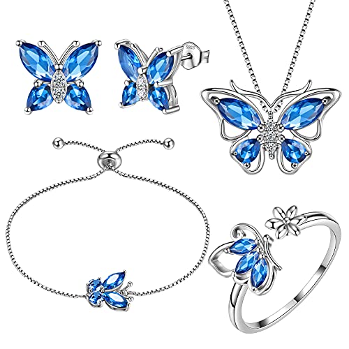 Aurora Tears Butterfly Jewelry,Women 925 Sterling Silver Butterflies Birthstone Pendant Necklace/Earrings/Rings Wedding Gift - color: I.September-set 3