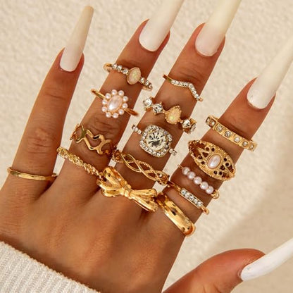 Airvess Gold Knuckle Rings for Women Trendy, Vintage Stackable Rings 14k Gold Plated Rings Sets Dainty Joint Finger Midi Ring Cute Rings Pack Festival Jewelry Gift - style: 15 Pcs