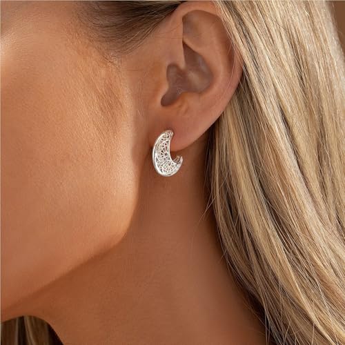 LLWOM Vintage Earrings,14k Gold Plated Gold Pearl,Moon, Star,Flower Earrings Hypoallergenic Lightweight Hoops Gifts - style: Silver Moon Earrings